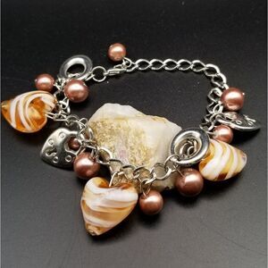 Open heart peach blast glass heart charm bracelet. B318